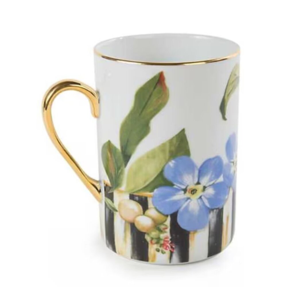 Mackenzie Childs Bee and Thistle Ceramic Pottery Gold Courtly Check Coffee Mug C